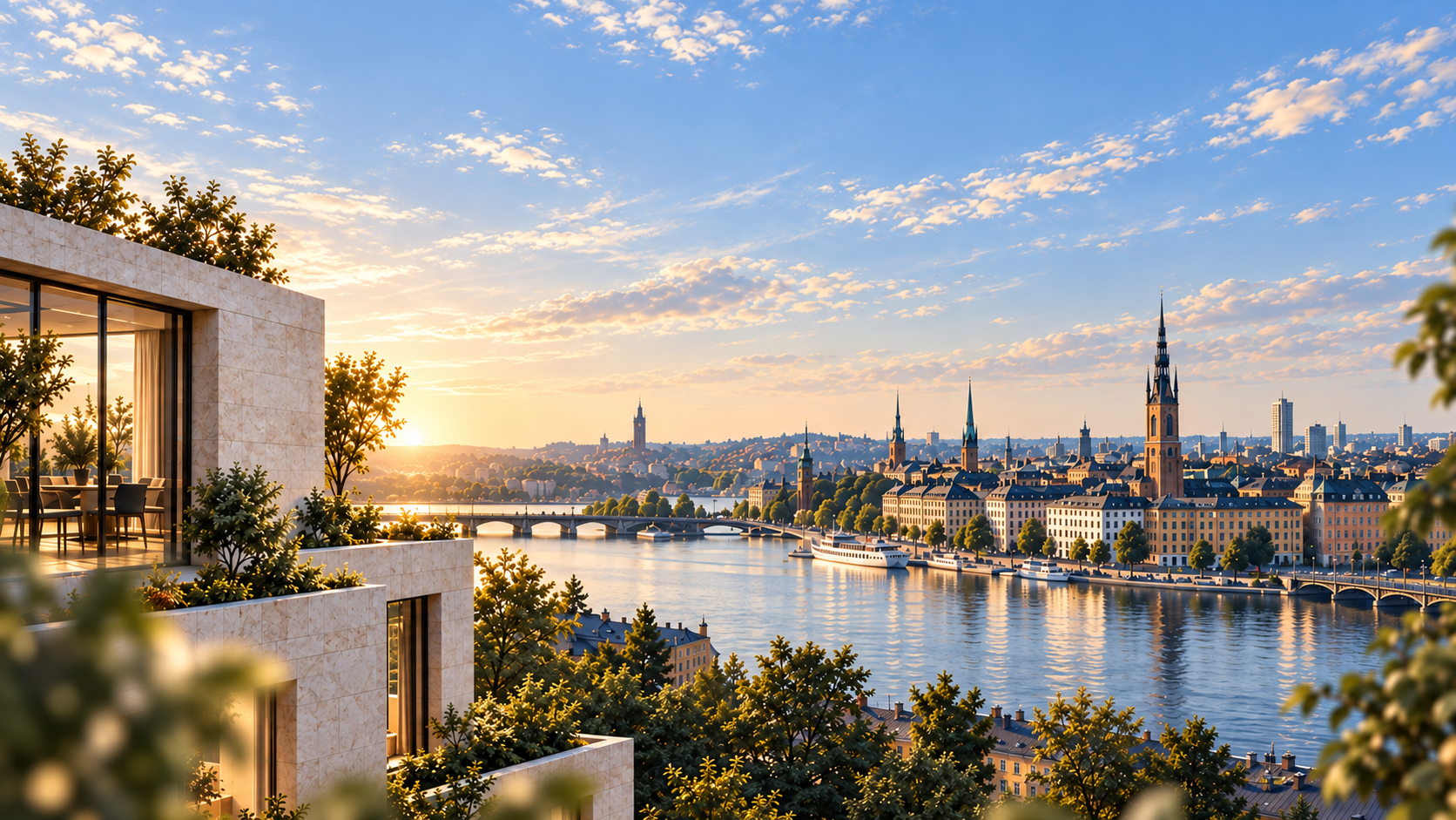 Stockholm waterfront and skyline viewed from a contemporary stone residence